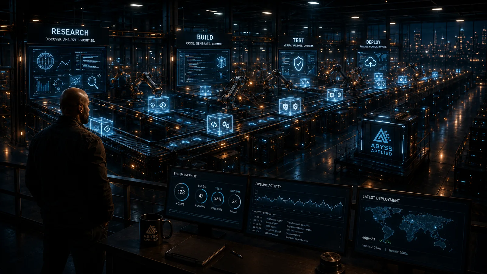 A dark automated factory floor at night: conveyor lines carry glowing artifacts past research, build, test and deploy stations while one person watches from a walkway.
