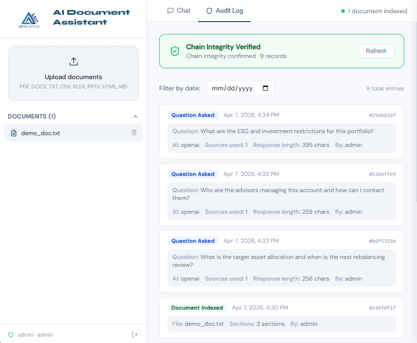 AI Document Assistant audit log with tamper-evident, hash-chained entries