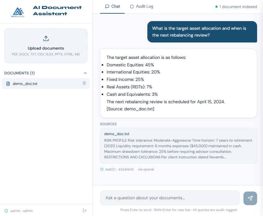 AI Document Assistant chat interface showing a source-cited answer