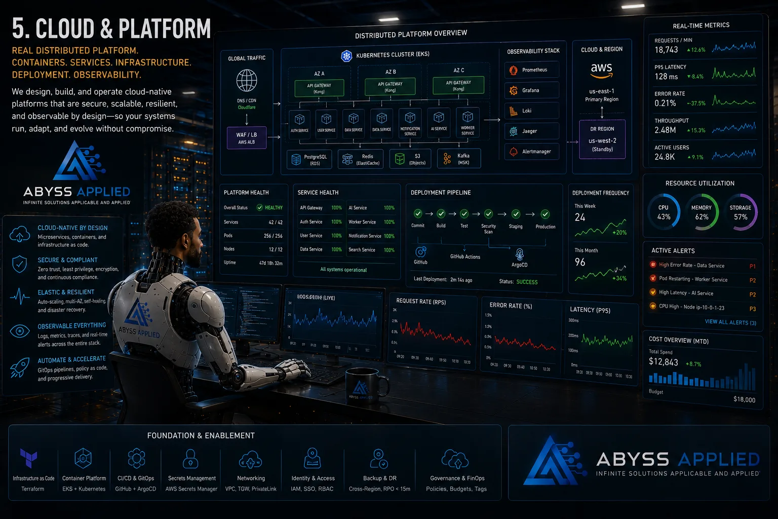 A distributed platform overview — global traffic, a multi-zone cluster, an observability stack and a standby region — with platform and service health alongside.