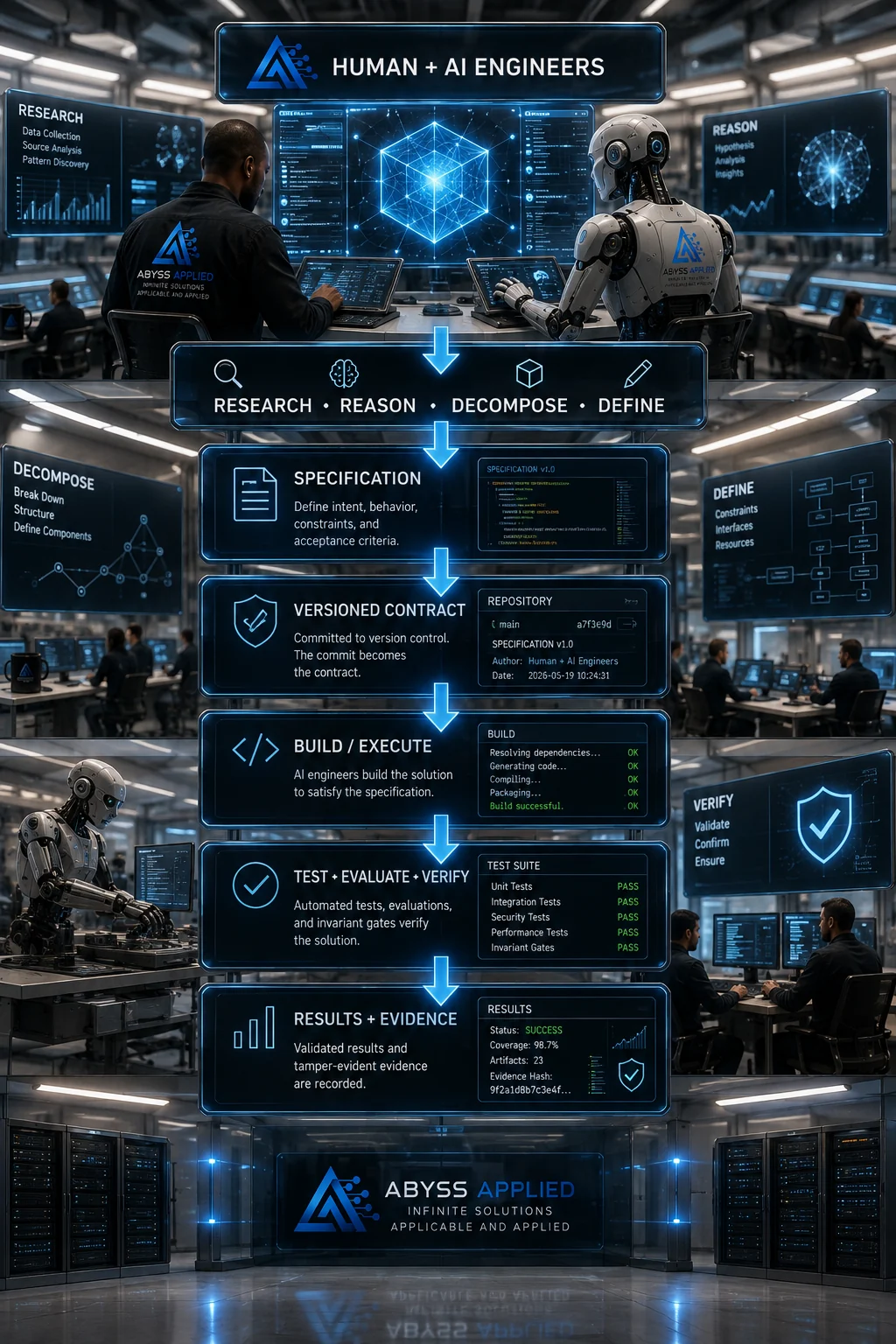 Engineering intent becomes evidence in seven steps: human and AI engineers; research, reason, decompose, define; specification; versioned contract; build and execute; test, evaluate, verify; results and evidence.