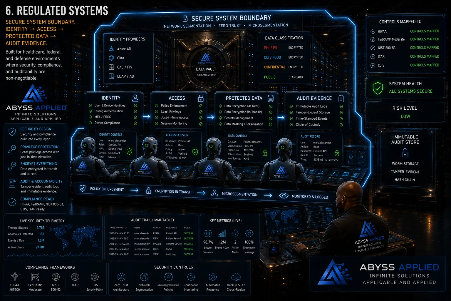 A secure system boundary diagram running identity, access, protected data and audit evidence, with data classification, an immutable audit store and a control-mapping panel.